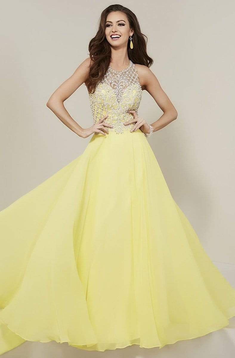 Tiffany Designs - 16337 Beaded Lattice Halter Chiffon A-Line Gown Special Occasion Dress 0 / Sunshine