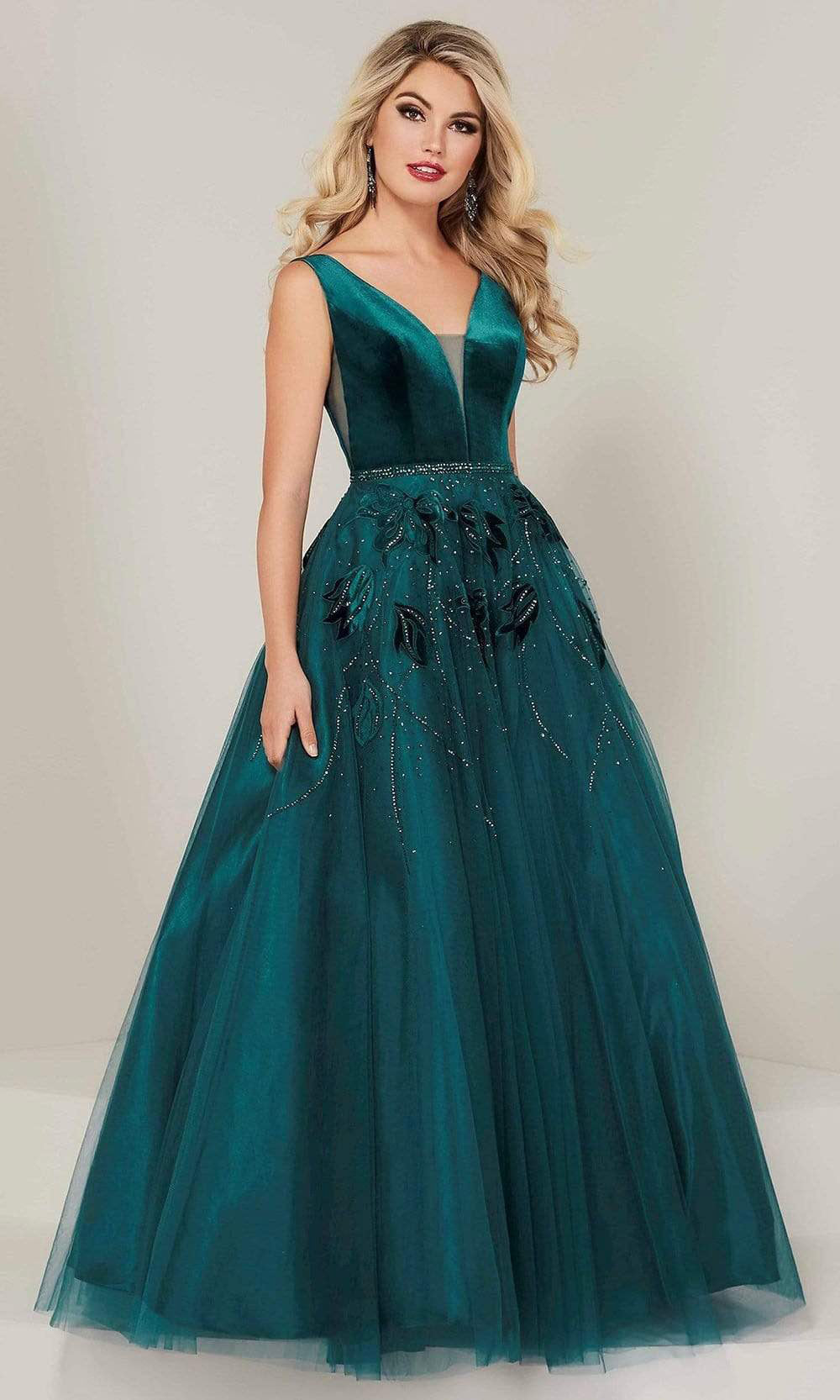 Tiffany Designs - Sleeveless Velvet Applique Ballgown 16342SC In Green