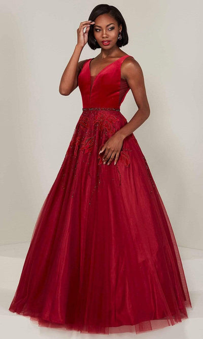 Tiffany Designs - Sleeveless Velvet Applique Ballgown 16342SC In Red