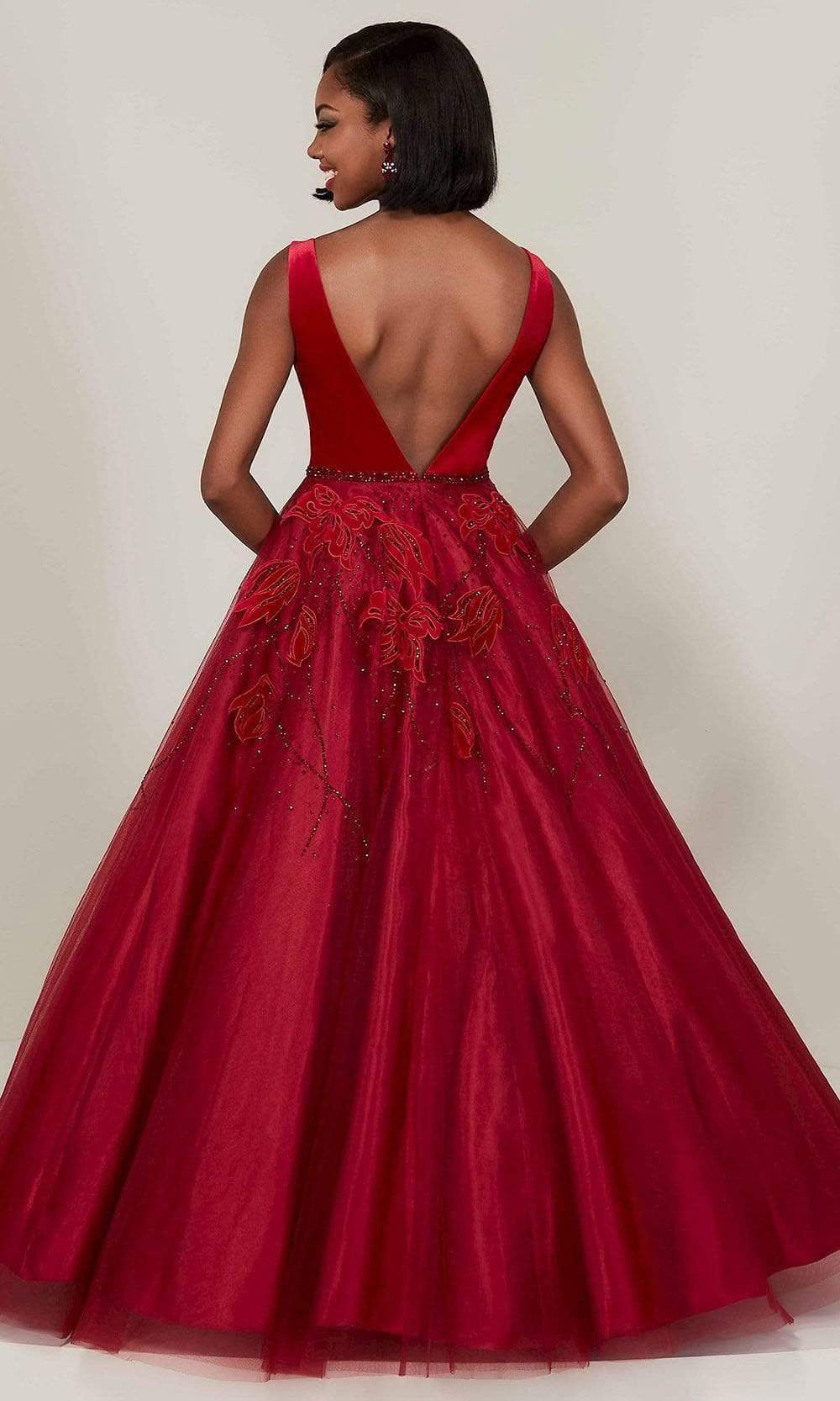 Tiffany Designs - Sleeveless Velvet Applique Ballgown 16342SC In Red