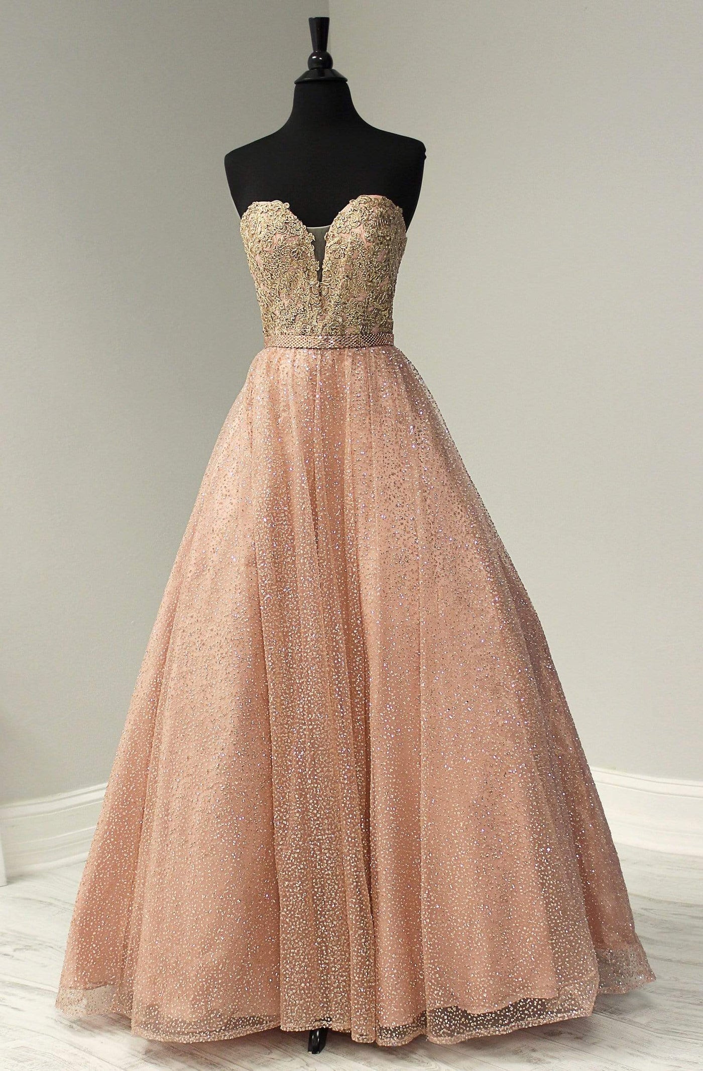 Tiffany Designs - 16355 Metallic Lace Sweetheart Bodice Gown Special Occasion Dress 0 / Rose/Rose Gold