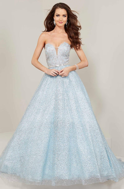 Tiffany Designs - 16355 Metallic Lace Sweetheart Bodice Gown Special Occasion Dress 0 / Silver/Sky