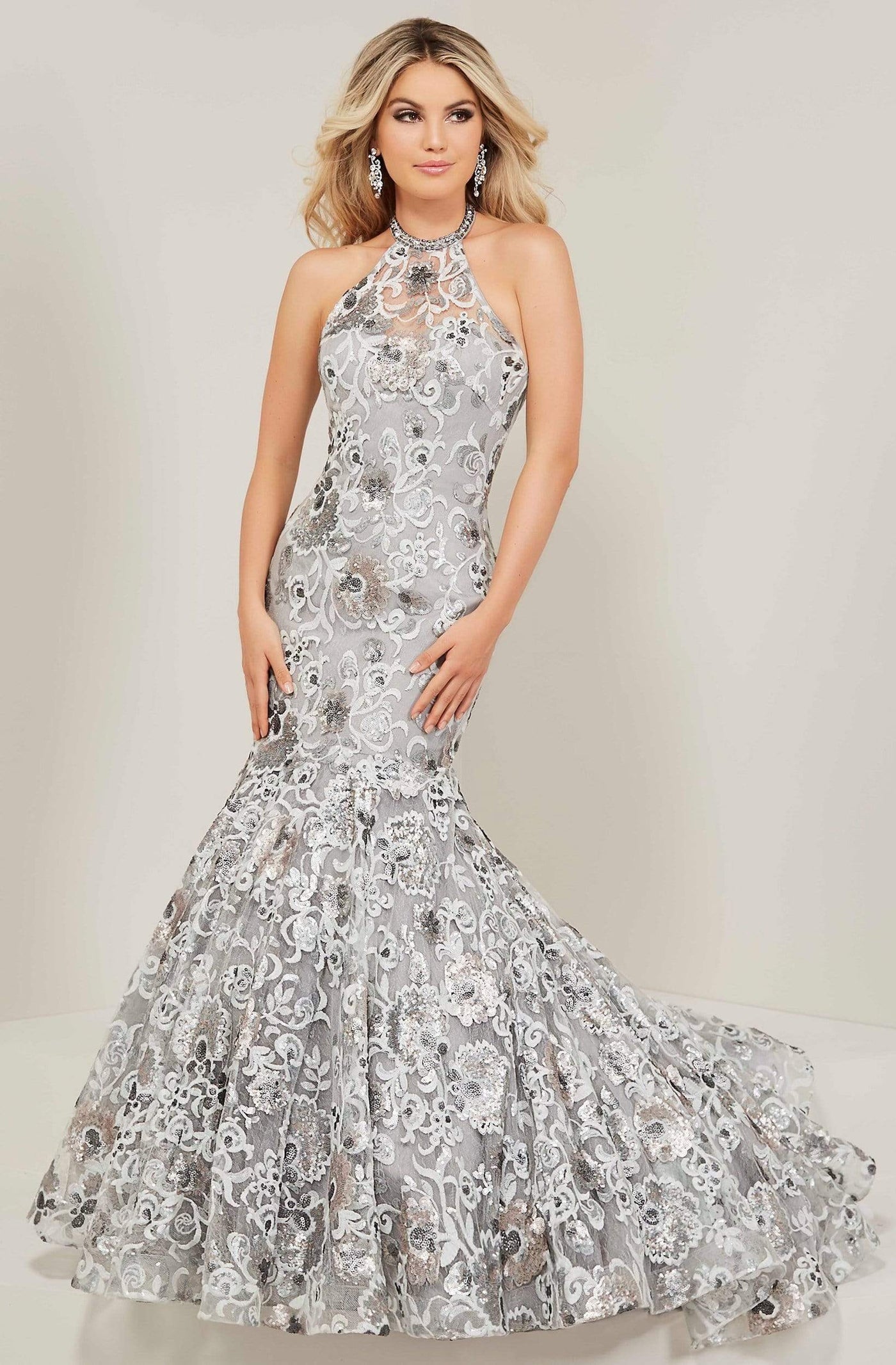 Tiffany Designs - 16366 Floral Sequined Illusion Halter Mermaid Gown Special Occasion Dress 0 / Platinum/Slate