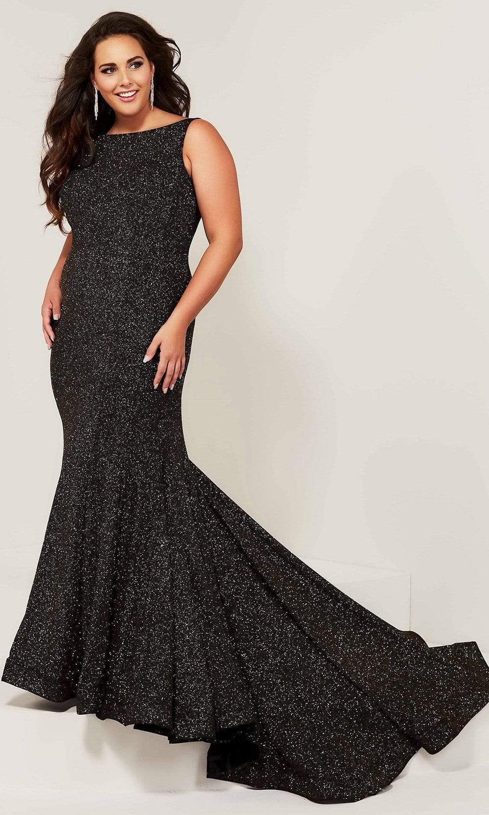 Tiffany Designs - Bateau V-Back Fit and Flare Jersey Dress 16377SC In Black