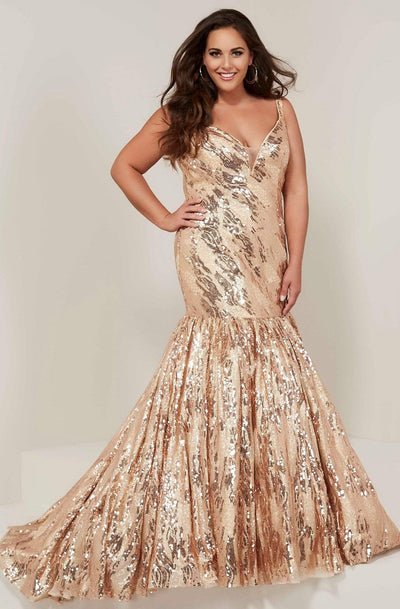 Tiffany Designs - 16384 Sequined Plunging Sweetheart Mermaid Dress Special Occasion Dress 14W / Wine/Gold