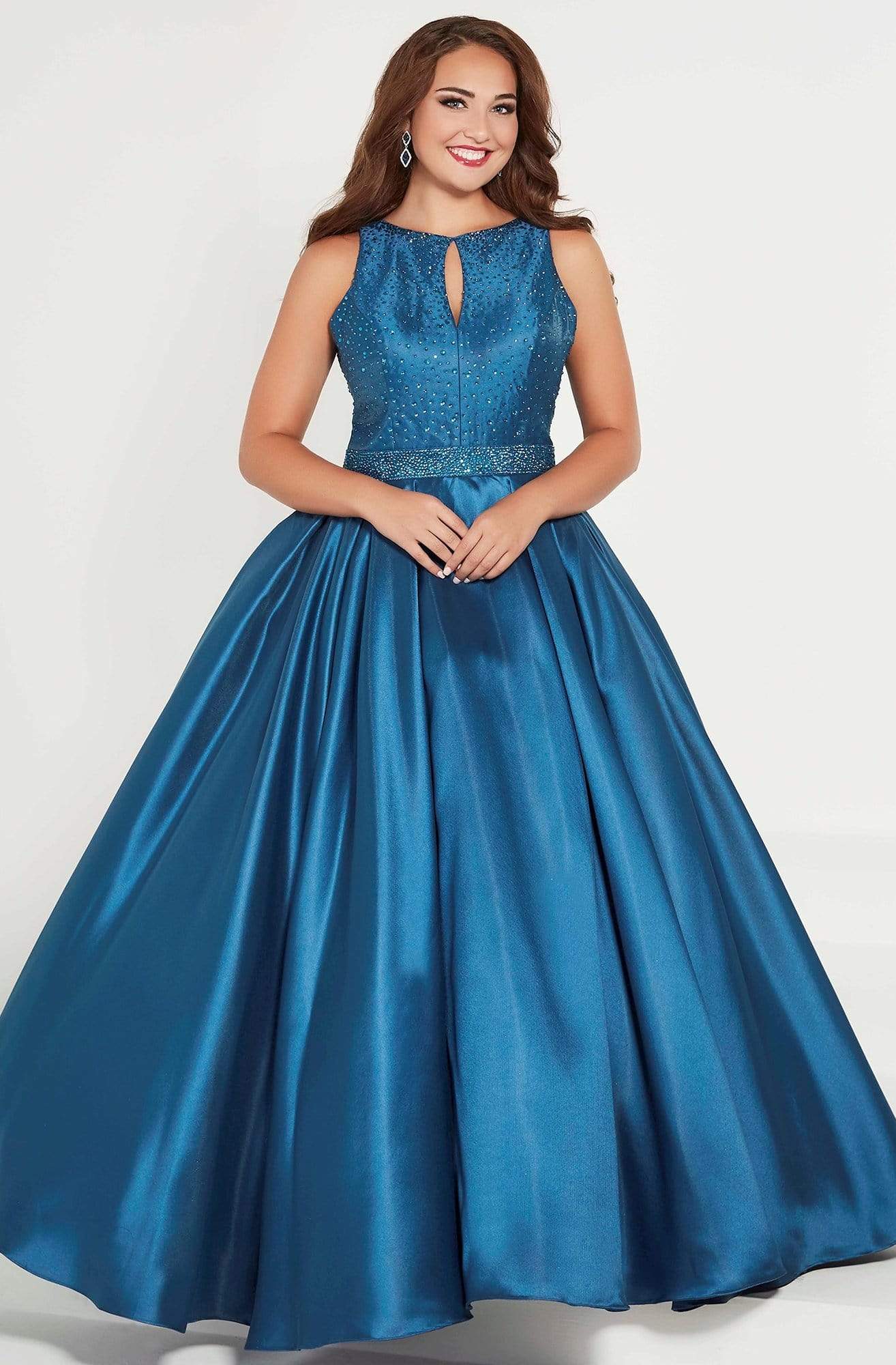 Tiffany Designs - 16386 Rhinestone Halter Silky Mikado Ballgown Special Occasion Dress 14W / Teal