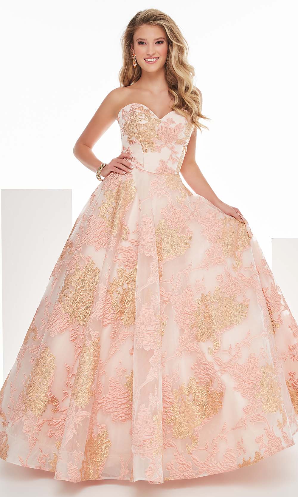 Tiffany Designs - 16458 Strapless Brocade Organza A-Line Gown Prom Dresses 0 / Gold/Blush