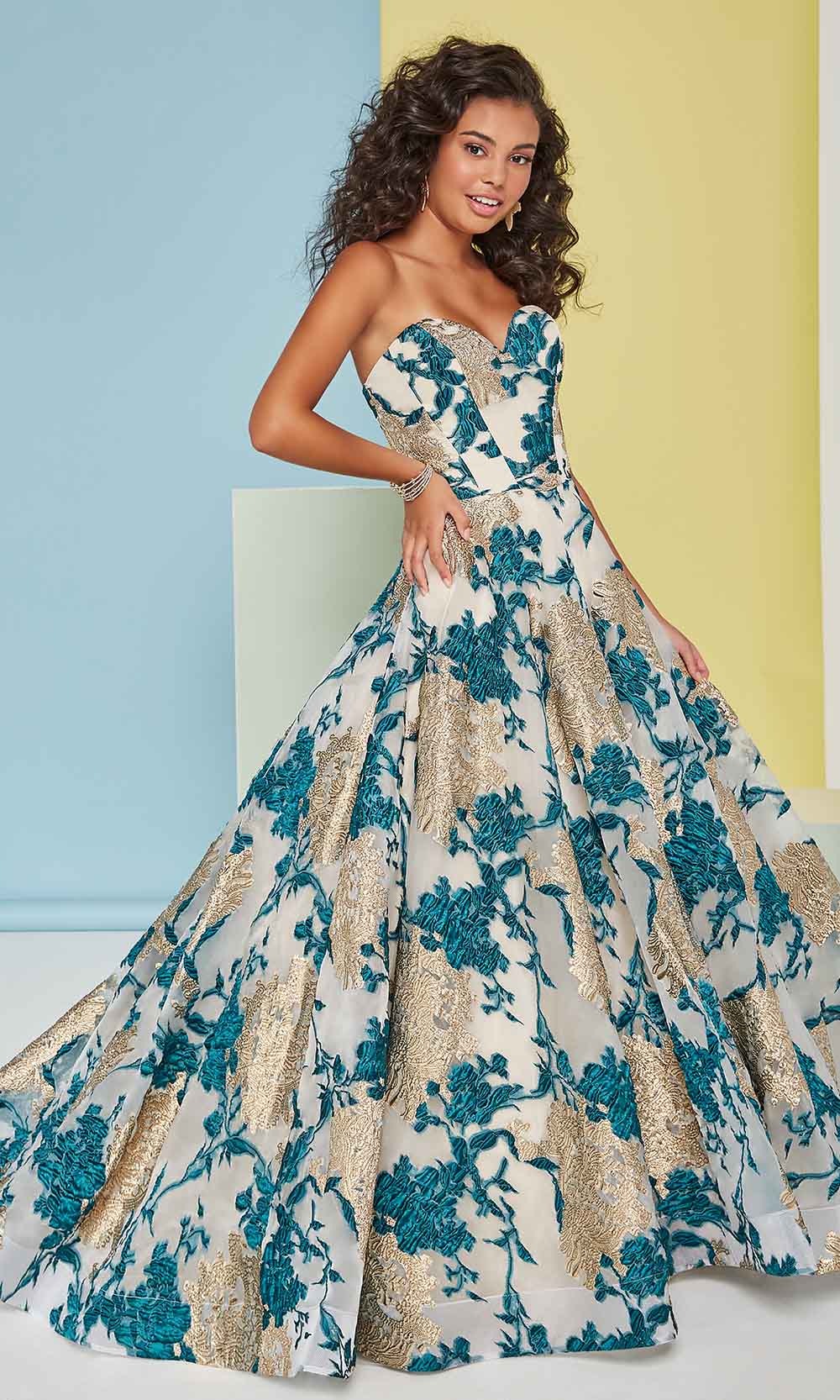 Tiffany Designs - 16458 Strapless Brocade Organza A-Line Gown Prom Dresses 0 / Gold/Teal