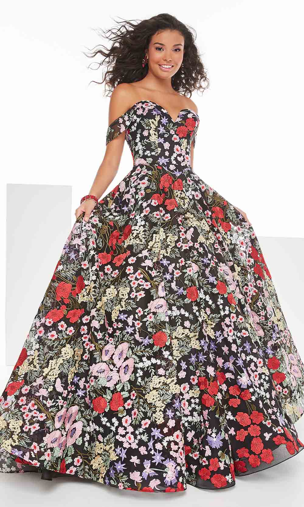 Tiffany Designs - 16462 Embroidered Off Shoulder Tulle A-Line Gown Prom Dresses 0 / Black Multi