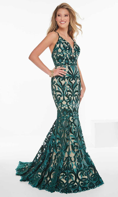 Tiffany Designs - 16468 Spaghetti Strap Floral Velvet Mermaid Gown Prom Dresses 0 / Emerald/Nude