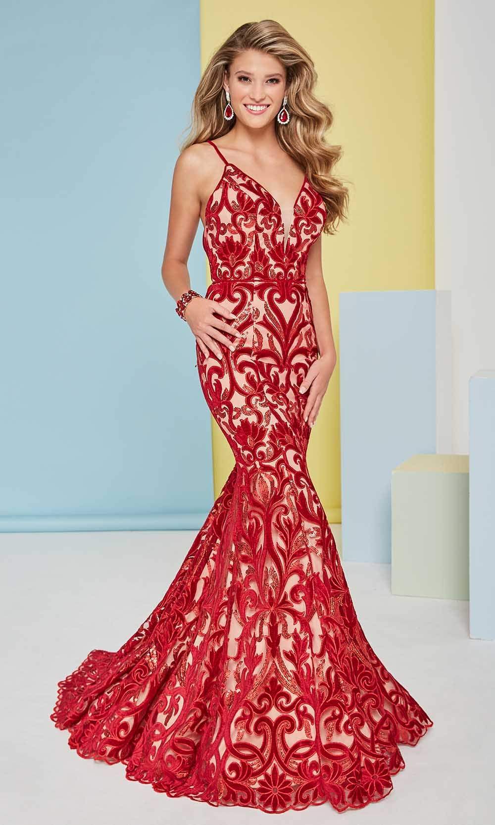 Tiffany Designs - 16468 Spaghetti Strap Floral Velvet Mermaid Gown Prom Dresses 0 / Red/Nude