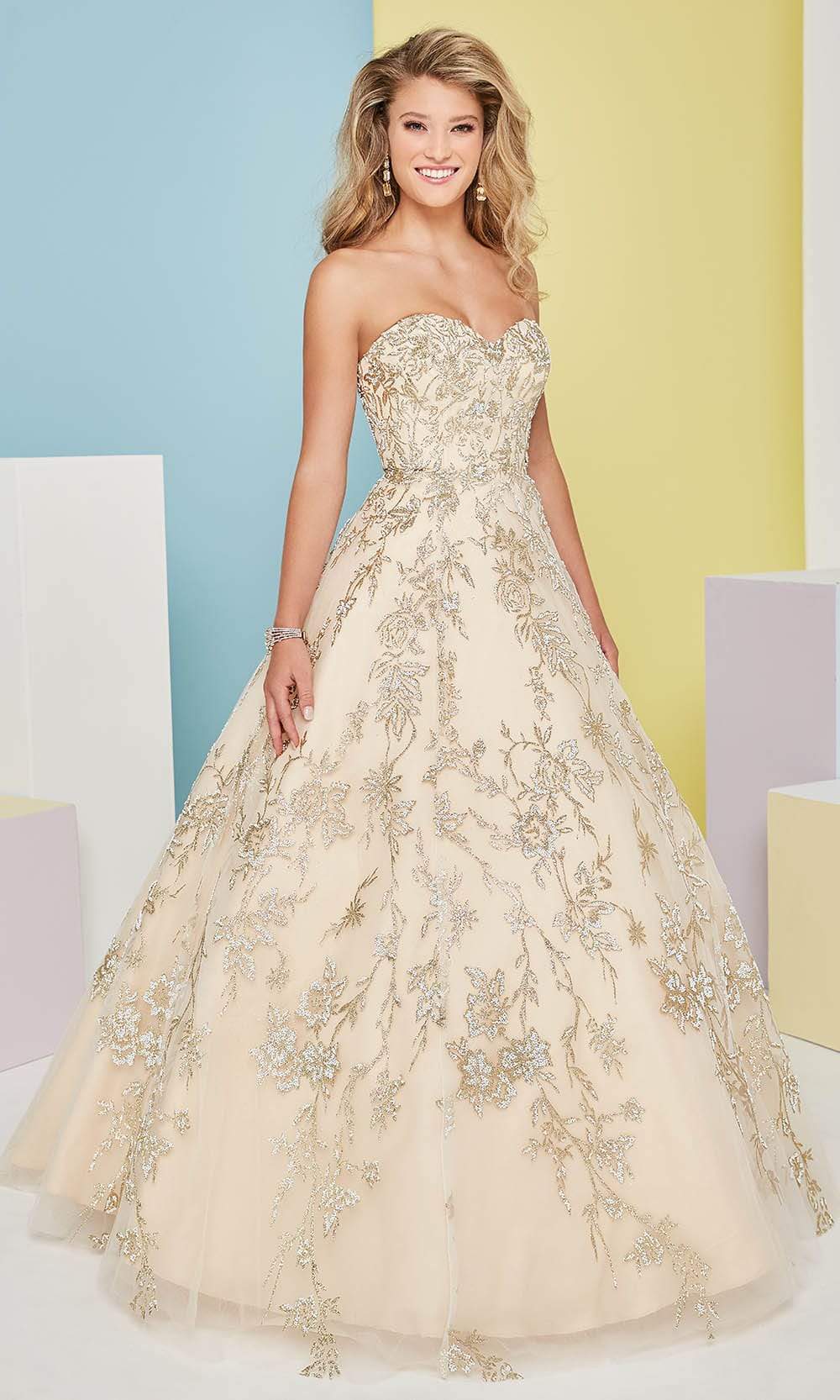 Tiffany Designs - 16471 Strapless Floral Glitter Ornate A-Line Gown Prom Dresses 0 / Champagne