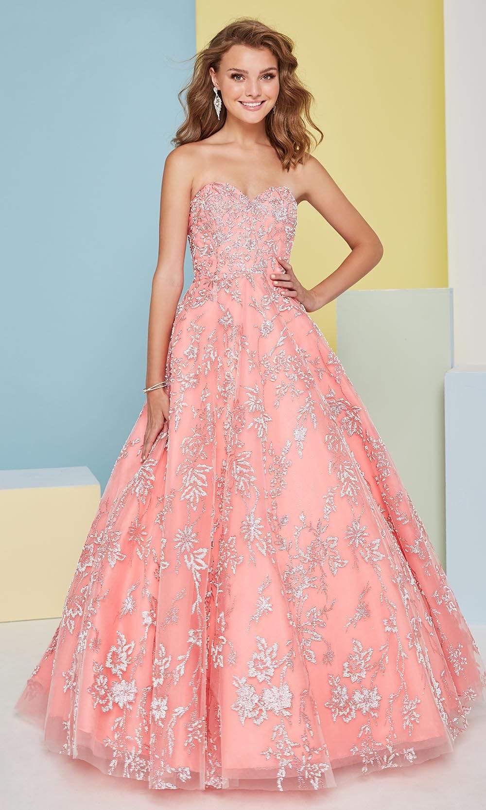 Tiffany Designs - 16471 Strapless Floral Glitter Ornate A-Line Gown Prom Dresses 0 / Rose Pink