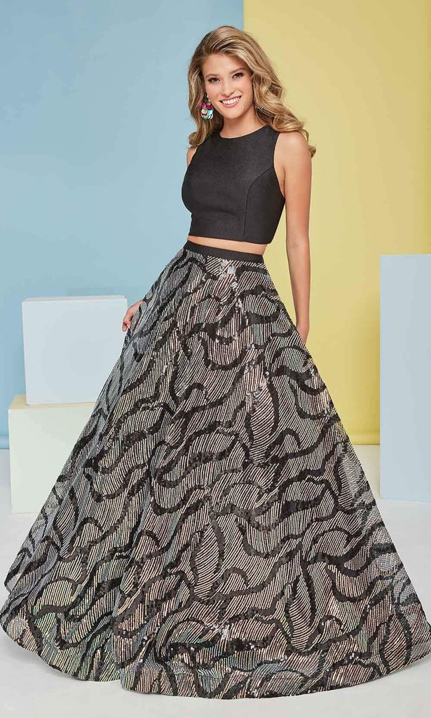 Tiffany Designs 16473 - Long Jersey/Sequin A-Line Dress - Two-Piece, Jersey Bodice, Racerback, Back Zipper Closure, Thin Waistband, Patterned Sequins, Sweep Train ADASA Tiffany Designs 16473 - Long Jersey/Sequin A-Line Dress - Two-Piece, Jersey Bodice, Racerback, Back Zipper Closure, Thin Waistband, Patterned Sequins, Sweep Train ADASA
