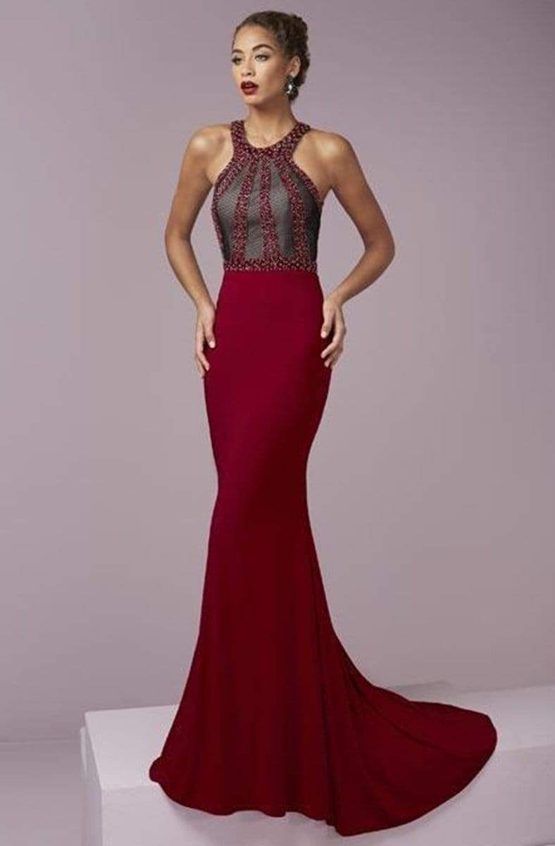 Tiffany Designs - 46089 Stylishly Ornate High Halter Long Evening Gown Special Occasion Dress 0 / Red/Black