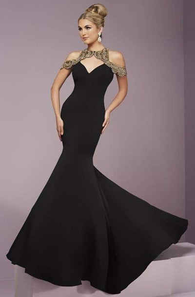 Tiffany Designs - 46106 Halter Beaded Shoulder Sleeve Special Occasion Dress 0 / Black/Gold