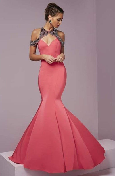 Tiffany Designs - 46106 Halter Beaded Shoulder Sleeve Special Occasion Dress 0 / Coral/Gunmetal
