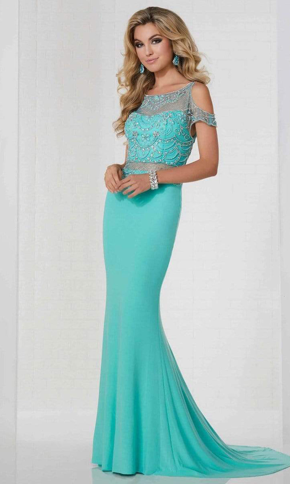 Tiffany Designs - Bejeweled Cold Shoulder Straps Flared Long Gown 46116SC In Blue and Silver