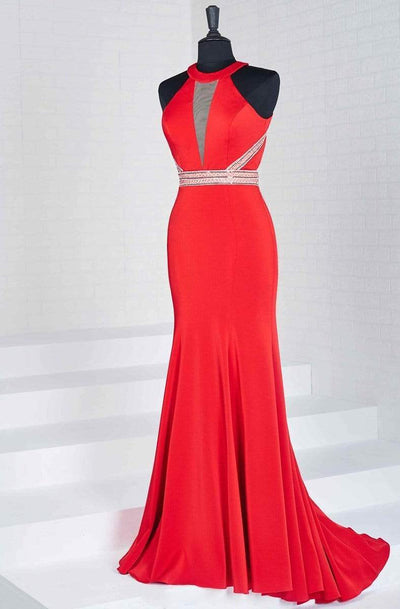 Tiffany Designs - 46141 Bead Accented Halter Trumpet Dress Special Occasion Dress 0 / Red