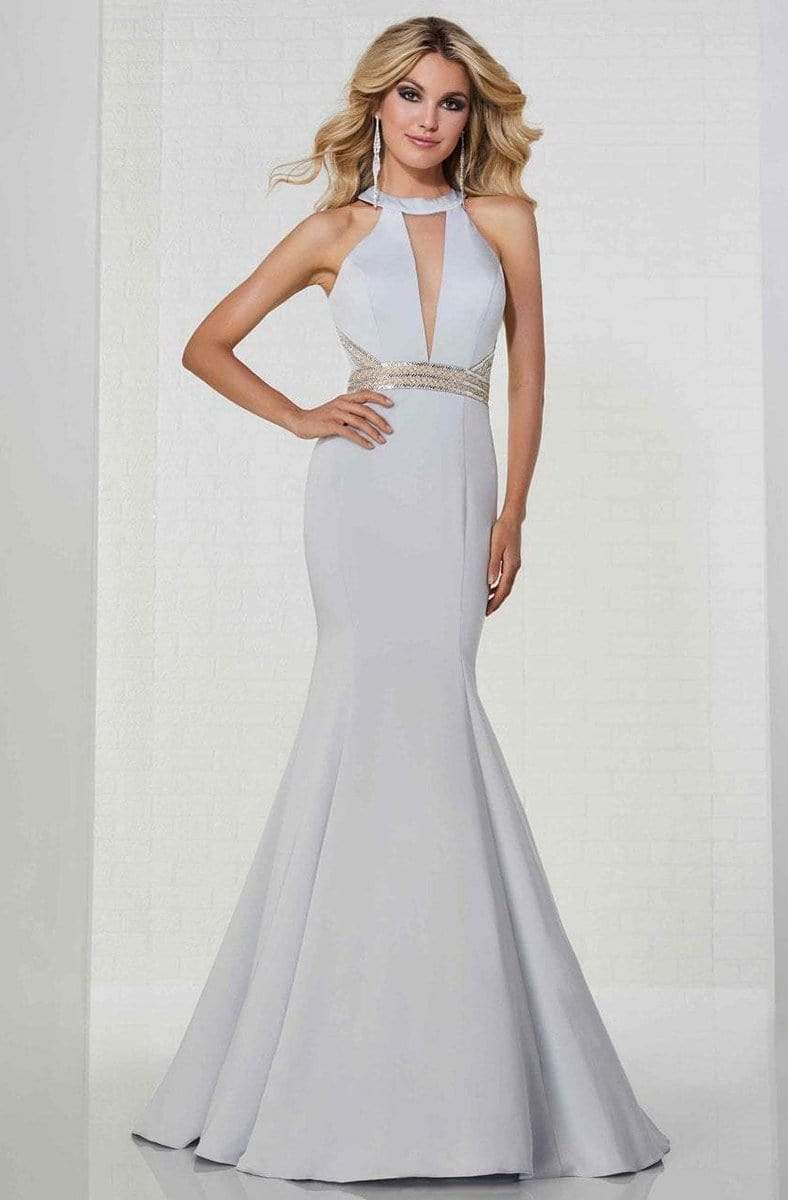 Tiffany Designs - 46141 Bead Accented Halter Trumpet Dress Special Occasion Dress 0 / Silver