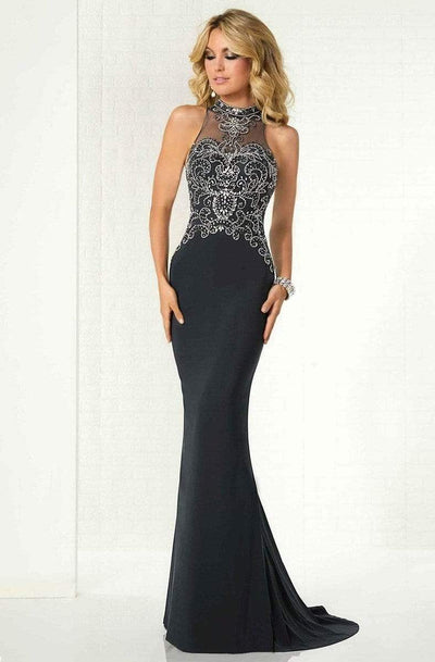 Tiffany Designs - 46148 Beaded High Neck Jersey Sheath Gown Special Occasion Dress 0 / Charcoal