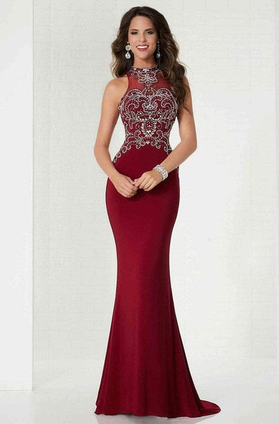 Tiffany Designs - 46148 Beaded High Neck Jersey Sheath Gown Special Occasion Dress 0 / Claret