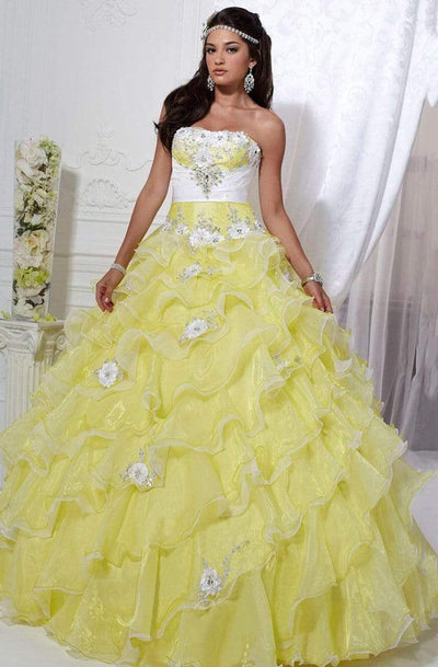 Tiffany Designs - 56226 Strapless Floral Appliqued Ballgown Special Occasion Dress 0 / Yellow/White