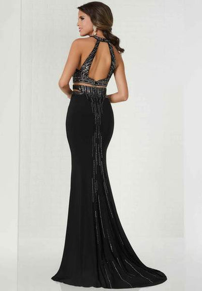 Tiffany Designs - Beaded Halter Jersey Sheath Dress 46144 - 1 pc Black In Size 6 Available CCSALE