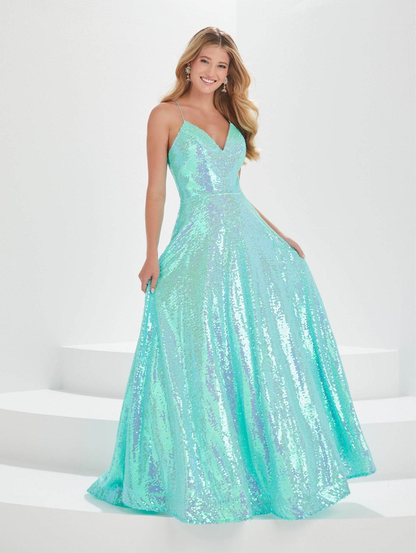 Tiffany Designs 16002 - Long Sequins A-line Dress - Sleeveless, Thin Straps, Crisscross Back, Train, Back Zipper Closure ADASA Tiffany Designs 16002 - Long Sequins A-line Dress - Sleeveless, Thin Straps, Crisscross Back, Train, Back Zipper Closure ADASA