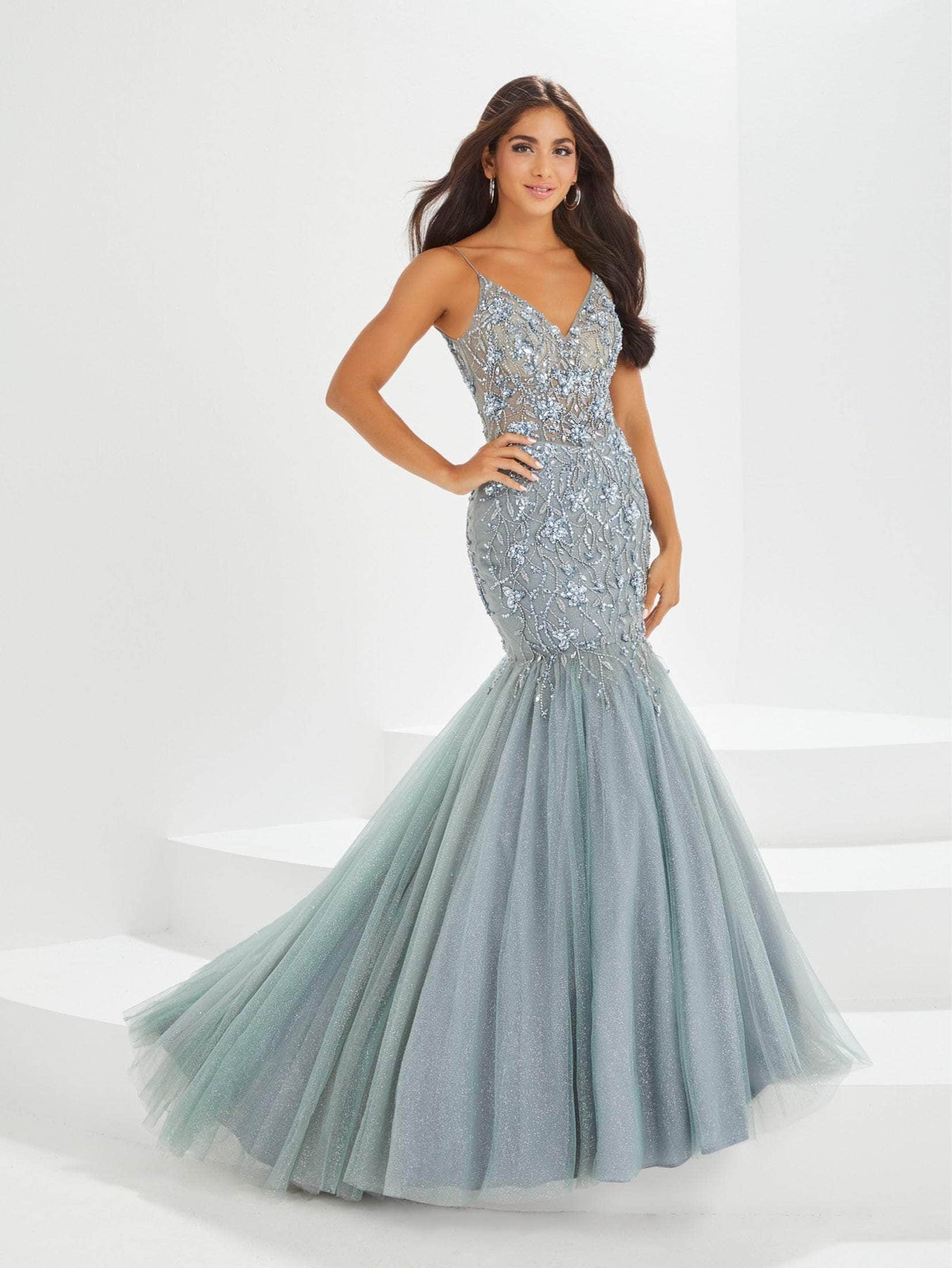Tiffany Designs 16025 - Long Beaded/Tulle Mermaid Dress - Embellished, Tulle, Sleeveless, Spaghetti Straps, Back Zipper, Train ADASA Tiffany Designs 16025 - Long Beaded/Tulle Mermaid Dress - Embellished, Tulle, Sleeveless, Spaghetti Straps, Back Zipper, Train ADASA