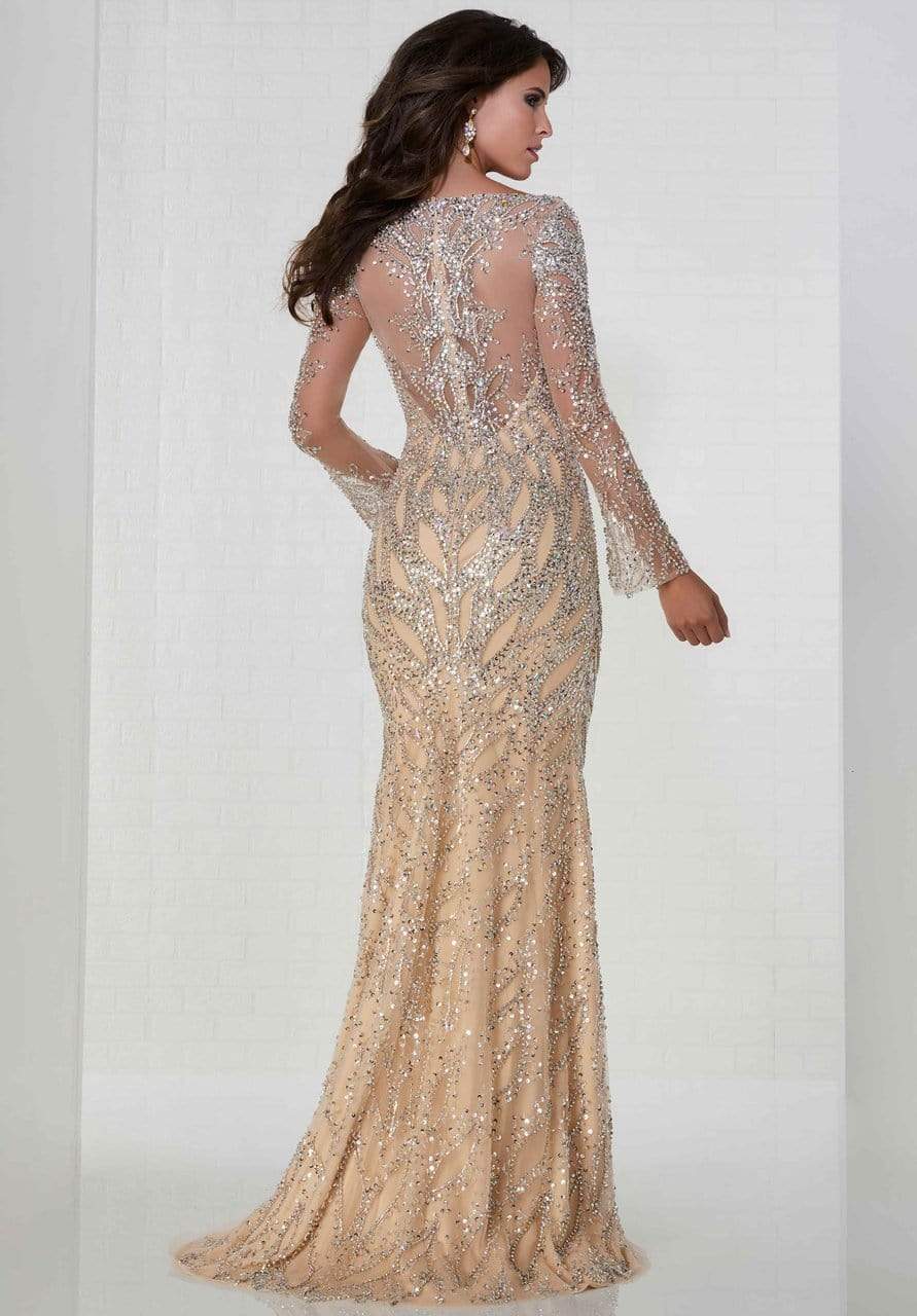 Tiffany Designs - Jeweled Long Sleeve Plunging Sheath Gown 46140 CCSALE 2 / Champagne