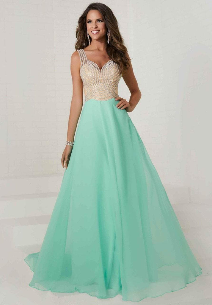 Aqua embellished chiffon gown sale