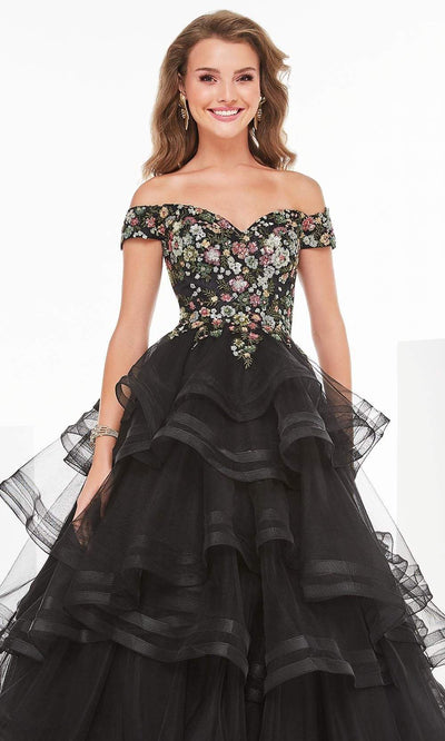 Tiffany Exclusive - 46237 Embroidered Bodice Tiered Tulle Ballgown Prom Dresses 0 / Black/Multi