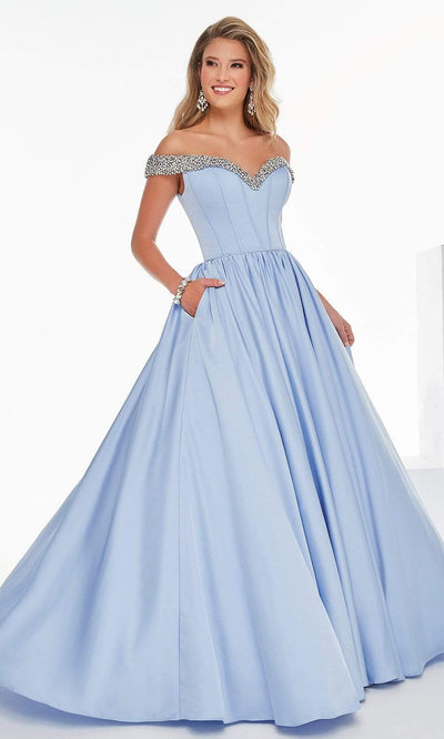 Tiffany Exclusive - 46249 Jewel-Studded Off Shoulder Ballgown Prom Dresses 0 / Periwinkle