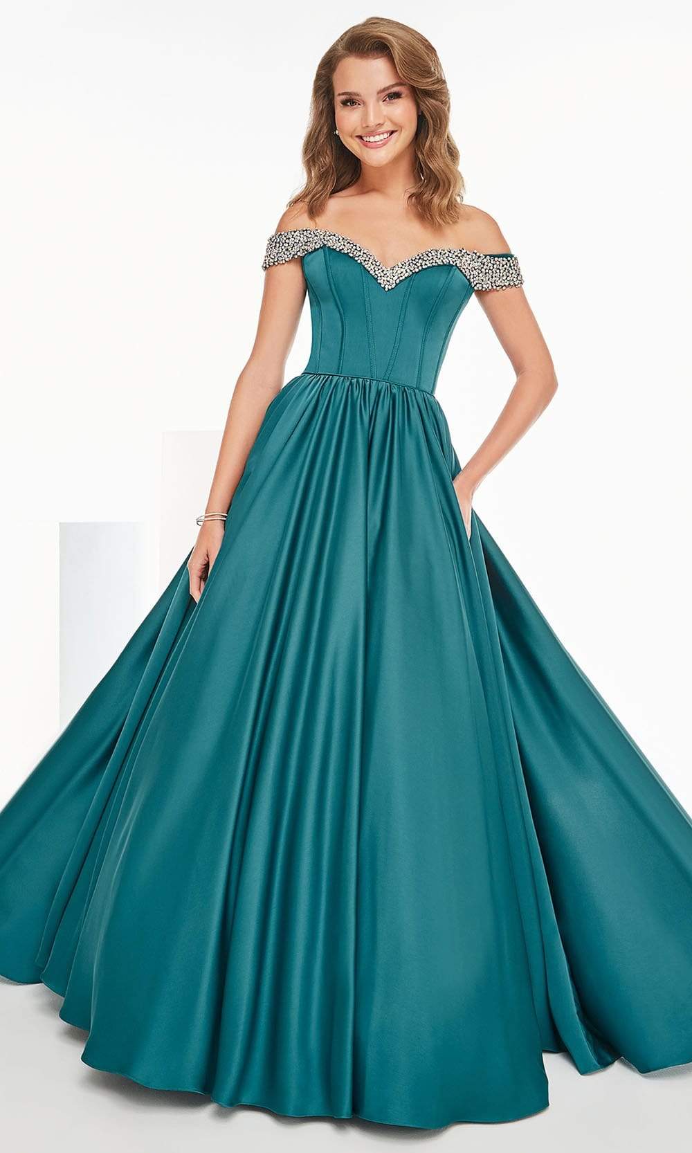 Tiffany Exclusive - 46249 Jewel-Studded Off Shoulder Ballgown Prom Dresses 0 / Teal