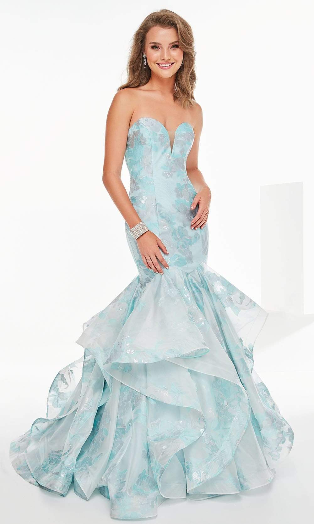 Tiffany Exclusive - 46250 Strapless Tiered Floral Mermaid Gown Prom Dresses 0 / Aqua Multi