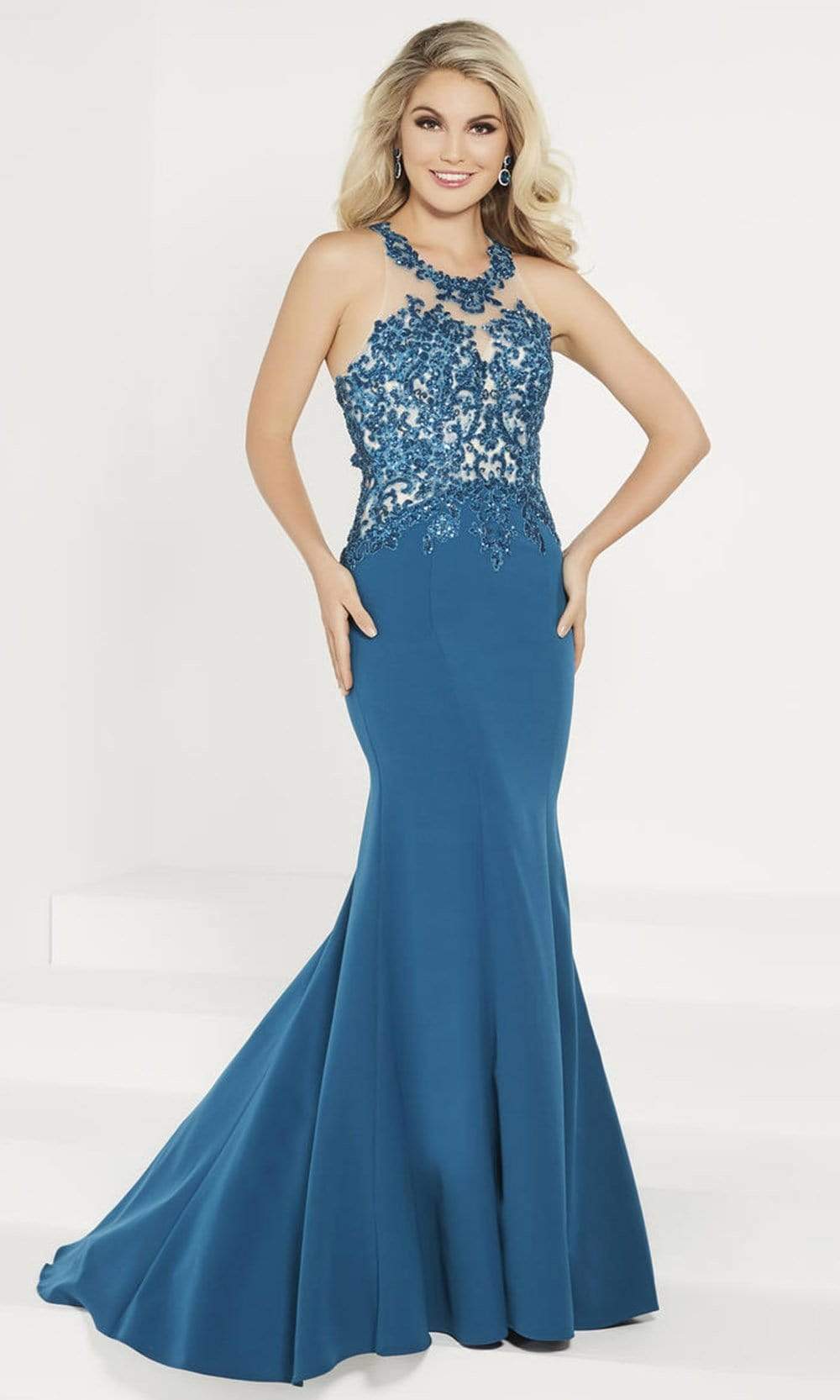 Tiffany Exclusives - 46165SC Illusion Halter Crepe Mermaid Gown In Blue