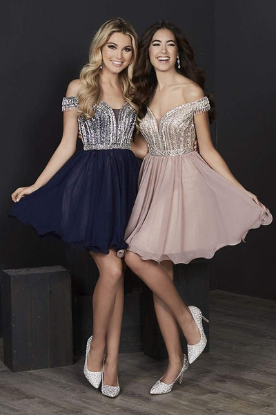 Tiffany Homecoming - 27201 Fringed Off Shoulder Beaded Chiffon Dress Special Occasion Dress 0 / Mink/Nude