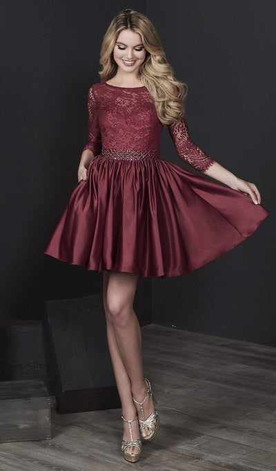 Tiffany Homecoming - 27202 Illusion Quarter Sleeve Lace A-Line Dress Special Occasion Dress 0 / Burgundy