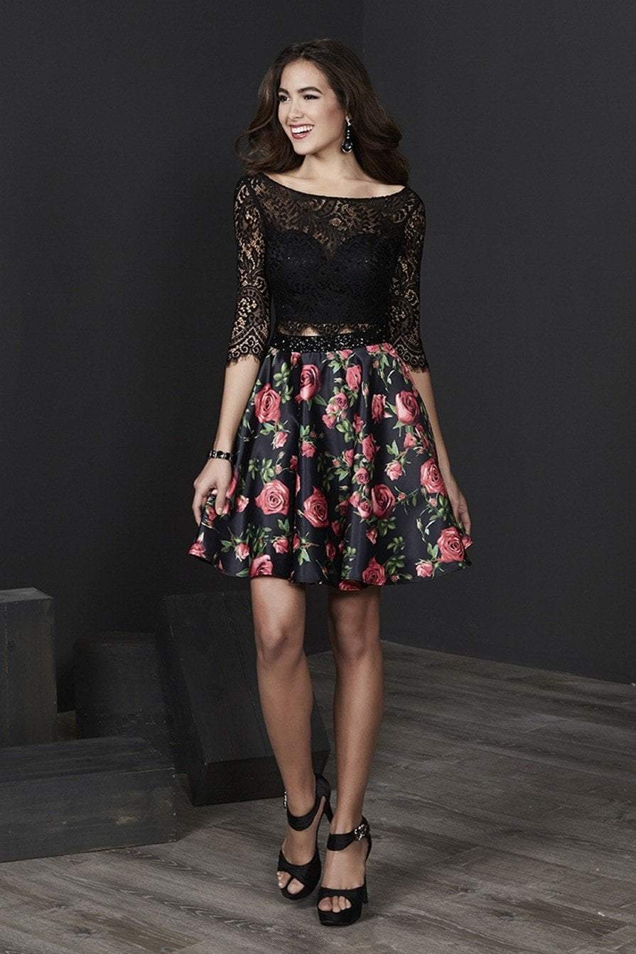 Tiffany Homecoming 27221 - Short Satin/Lace A-Line Dress - Two-piece set, Lace top, Sweetheart top inner layer, Beaded, Half sleeve, Satin skirt, V shaped back, Back zipper closure ADASA Tiffany Homecoming 27221 - Short Satin/Lace A-Line Dress - Two-piece set, Lace top, Sweetheart top inner layer, Beaded, Half sleeve, Satin skirt, V shaped back, Back zipper closure ADASA