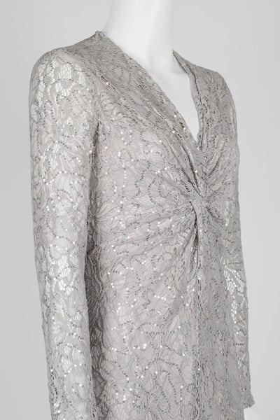 Tahari Asl - TLMU9KE769 Embellished Long Sleeve V-neck Sheath Dress In Gray