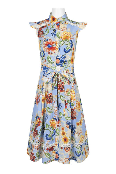 Tahari Asl - TLMU9WD640 Floral Print Collared A-line Dress In Multi-Color