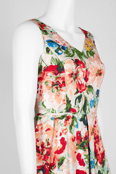 Tahari Asl - TLMU9WD645 Floral Print V-neck Pleated A-line Dress In Multi-Color