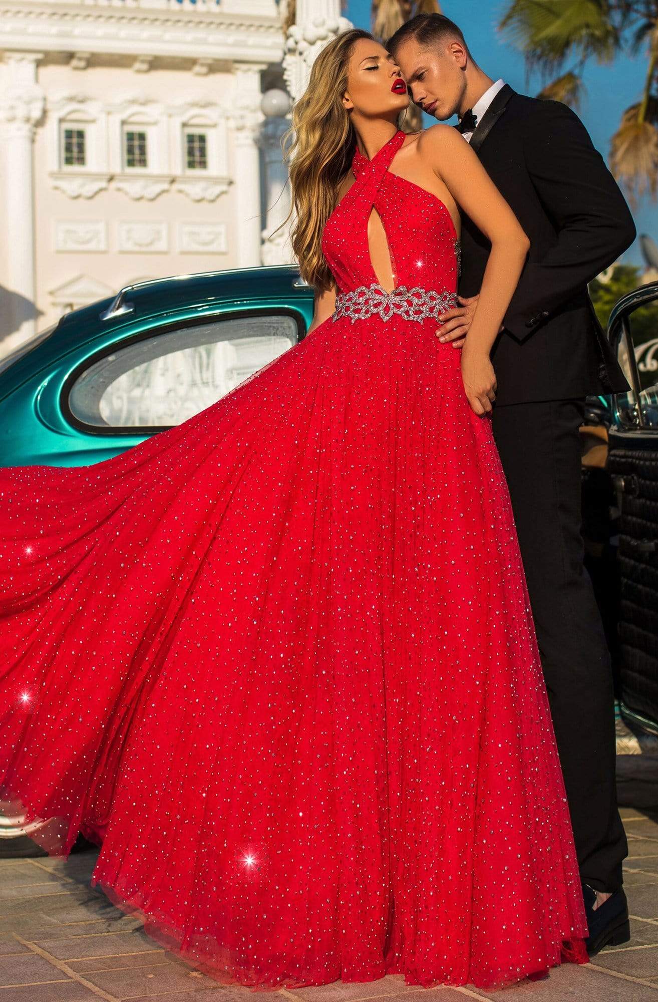 Tarik Ediz - 50710 Embellished Cross Halter A-line Dress Prom Dresses
