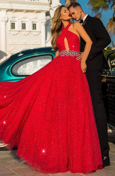 Tarik Ediz - 50710 Embellished Cross Halter A-line Dress Prom Dresses
