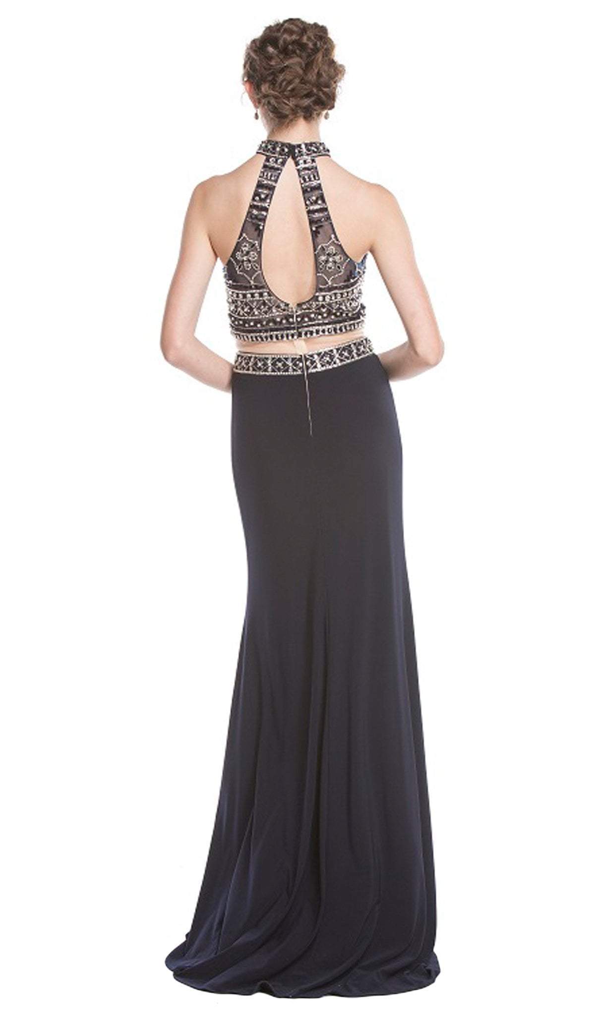 Two Piece Beaded High Halter Evening Gown Dress