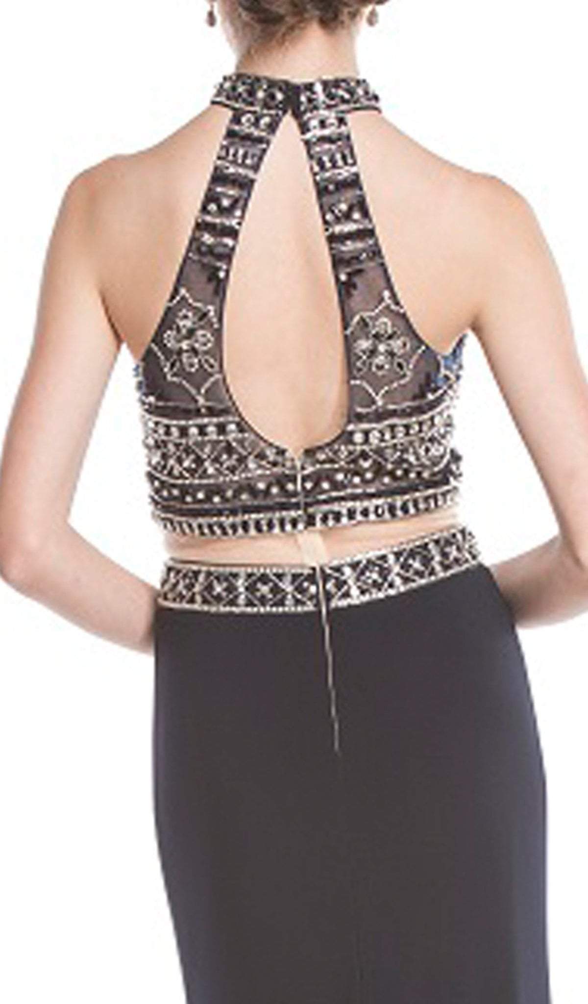 Two Piece Beaded High Halter Evening Gown Dress