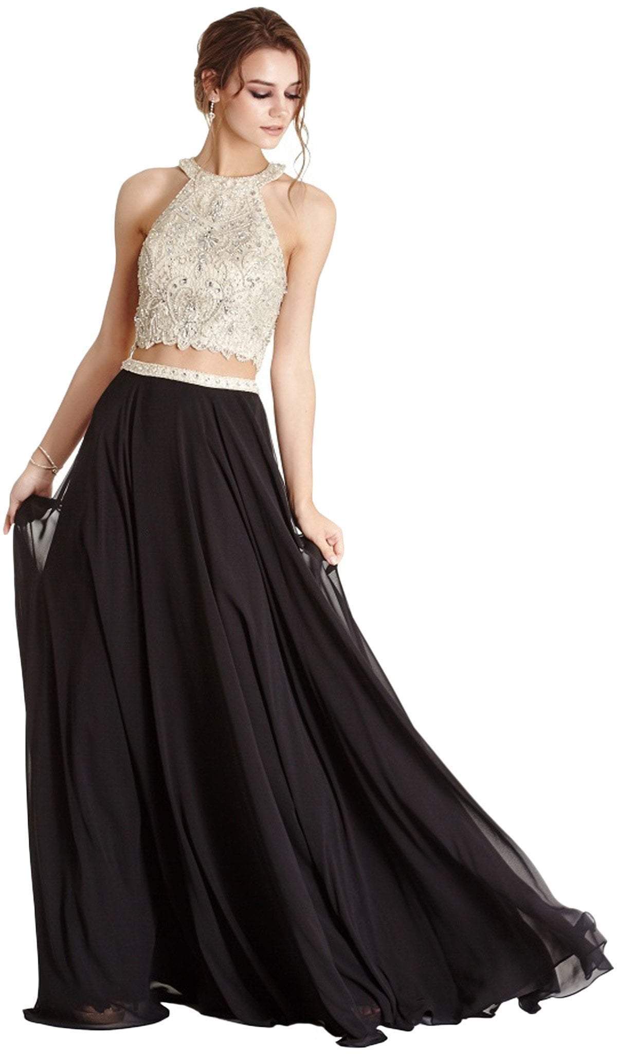 Two Piece Embellished Halter A-line Prom Dress Dress XXS / Black