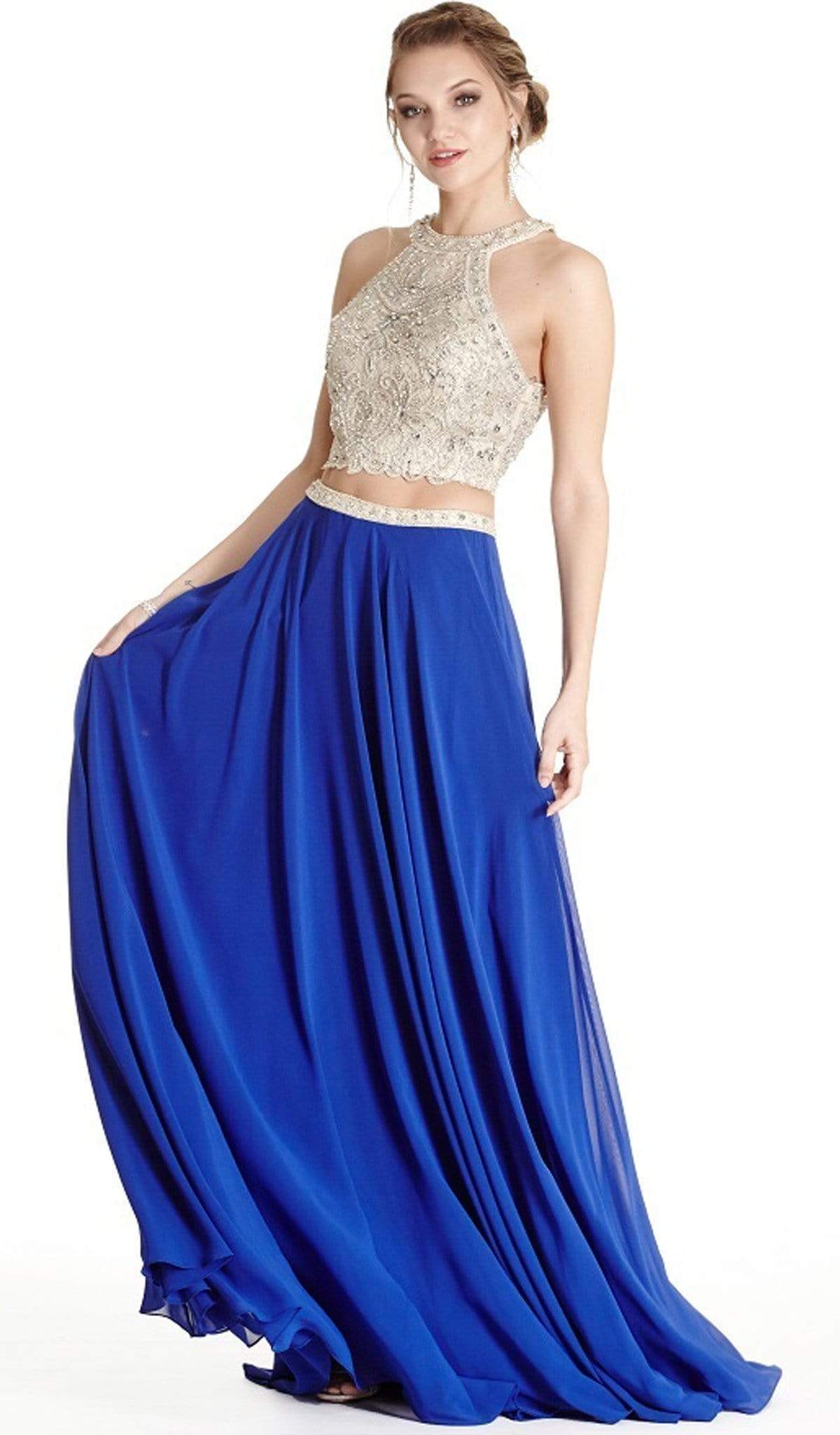 Two Piece Embellished Halter A-line Prom Dress Dress XXS / Royal
