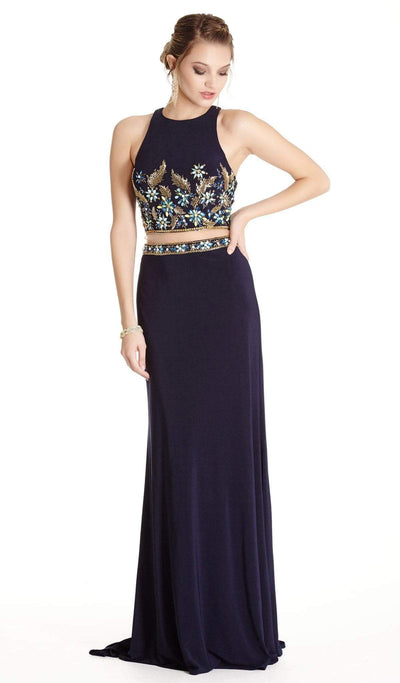 Two Piece Embroidered Halter Sheath Prom Dress Prom Dresses XXS / Navy
